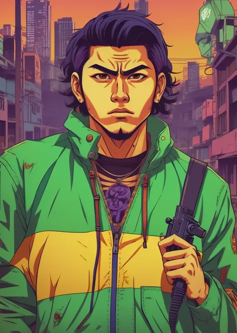 a close up of a person holding a gun in a room, miura kentaro style, kazuma kaneko, kentaro miura style, tanjiro kamado, dandy from space dandy anime, in style of kentaro miura, kentaro miura art style, fukaya yuichiro, in the anime film, kentaro miura man...