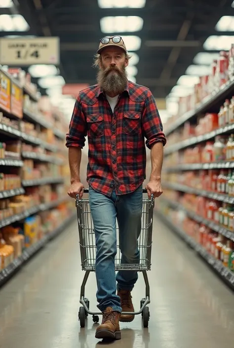 Create an image of a person in bearded lumberjack clothing holding a grocery cart doing the shopping with glasses on his shirt.  That the person's body is thin 