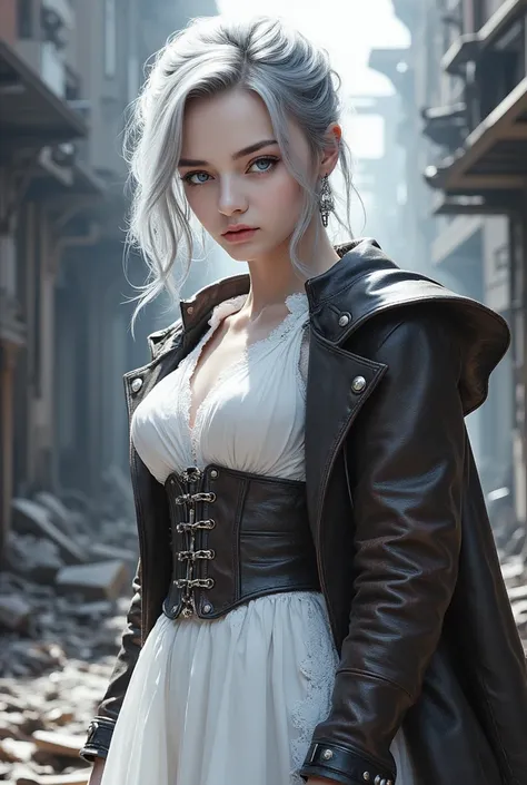 Full body view blonde girl with short hair, Beautiful girl with short silver hair, Steampunk fantasy style, 8k 3D, 젊은  maid's suit 소녀, Victorian steampunk style. Young Female Maid, ( realistic), (Post apocalyptic girl:1.2),photorealistic, 8k, Raw, Rico, In...