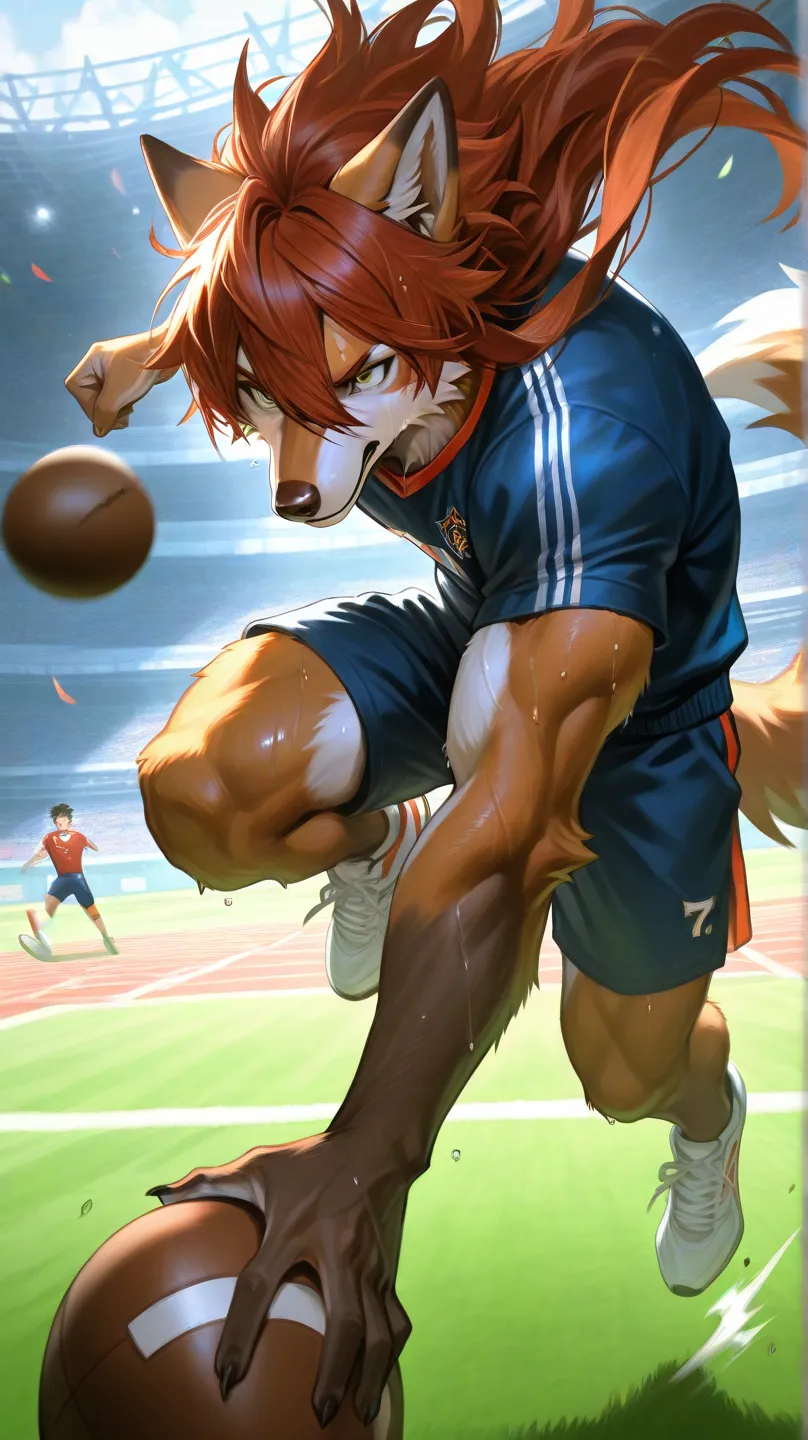 Football field, one male furry, male green eyes、male short red brown hair, male furry with muscular body, dark brown furry male, green eyes, long bangs, close up,male muscular body, long hair, snout, wolf ears, wolfy furry fox (light color:1.4)GBF_style、74...