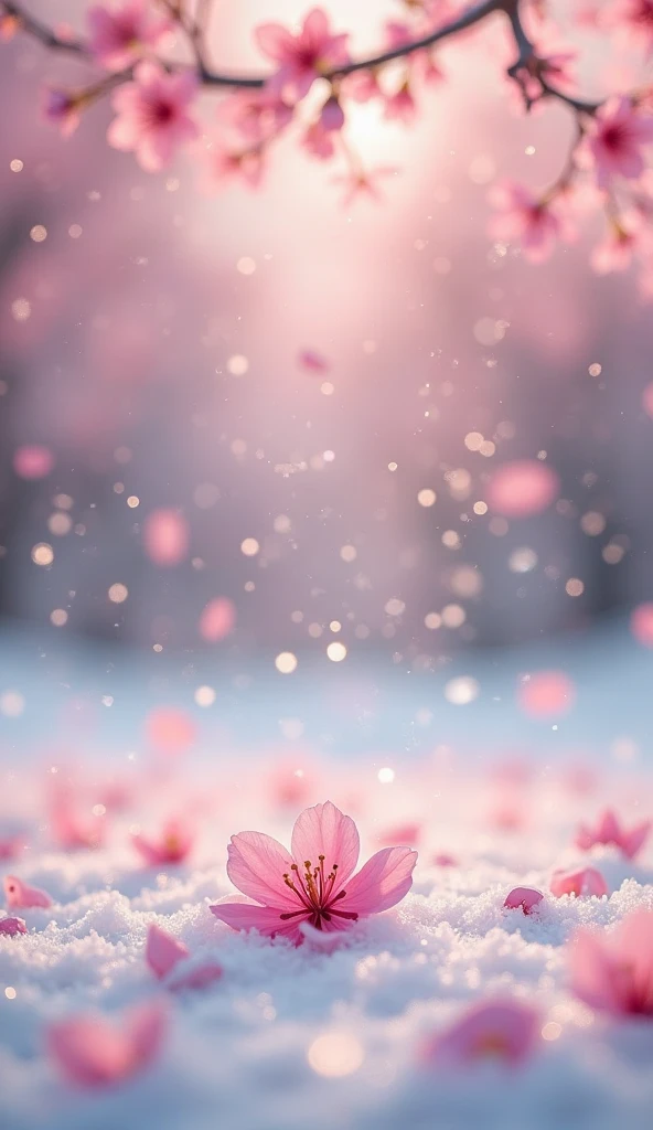 A Warm and Gentle View of the World ,  Falling Cherry Blossom Petals , horsetail buds emerging from  Snowflake on the ground,  Snowflake,  Colorful Pastel Colors,  Super Detail,   absolute resolution ,  Masterpiece