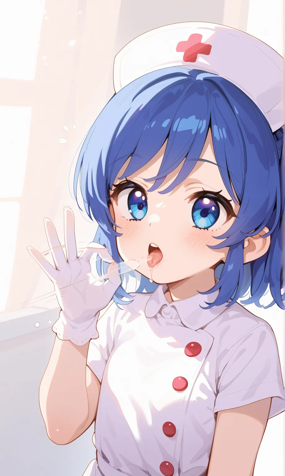 Score_9, Score_8_up, Score_7_up, Score_6_up, Score_5_up, Score_4_up, Please write what you want, Tag 1, Tag 2, Masterpiece, Super Masterpiece, Ultimate Masterpiece, Handjob Practice, Handjob Gesture, Girl, Blue Hair, Blue Eyes, Kiriya Aoi, Nurse, Gloves, F...