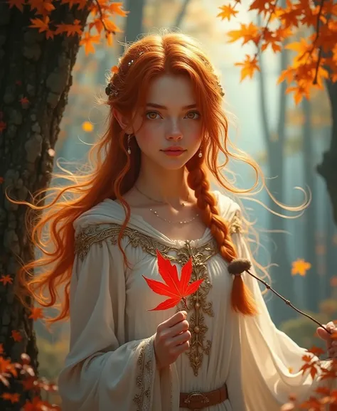 score_9, score_8_up, score_7_up, (masterpiece, UHD, 8K, 16K, ultra detailed), sfw, upperbody shot, 1girl, elf, orange eyes, one side braided hair, ginger hair, holding a red leaf, white dress with hood, intricate details, (murmuring leaves), (wind:1.2), (m...