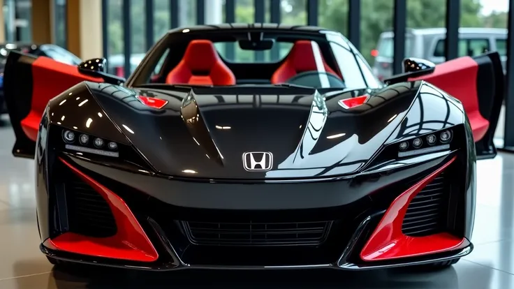 A futuristic2025 Honda Prelude car in a luxury showroom. The2025 Honda Prelude car is glossy black with a sleek, aerodynamic design, aggressive LED headlights, and a large black grille featuring 2025 Honda Prelude emblem. The hood has sharp contours, refle...