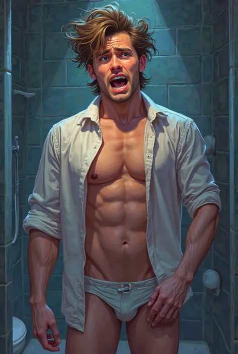 male, handsome, illustration, style pony, night time, bathroom background, shirt open, beautiful, flushed face, sweating, pants down, underwear down, looking up at camera, shocked, looking up, one hand out, one hand on penis, smut