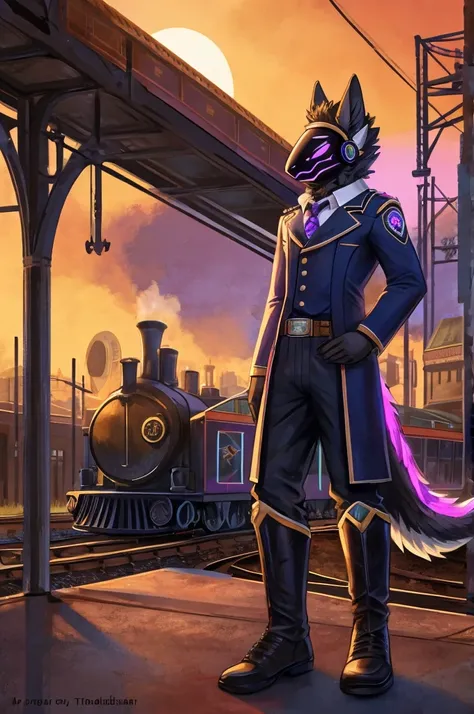 Protogen, furry art, masterpiece, great anatomy, black fur, neon purple details, detailed background, industrial revolution, train station, sunset, fluffy tail, male, wearing a black train conductor outfit, solo, steam train, steampunk