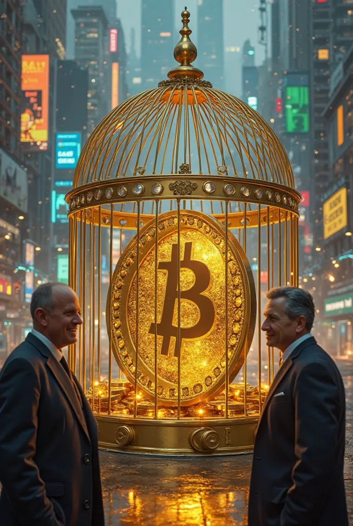 "A shiny digital currency stuck inside a golden cage, symbolizing the stablecoin being limited by government control.  outside, politicians and bankers watch with satisfied smiles, while in the background, a cyberpunk city with screens showing financial gr...