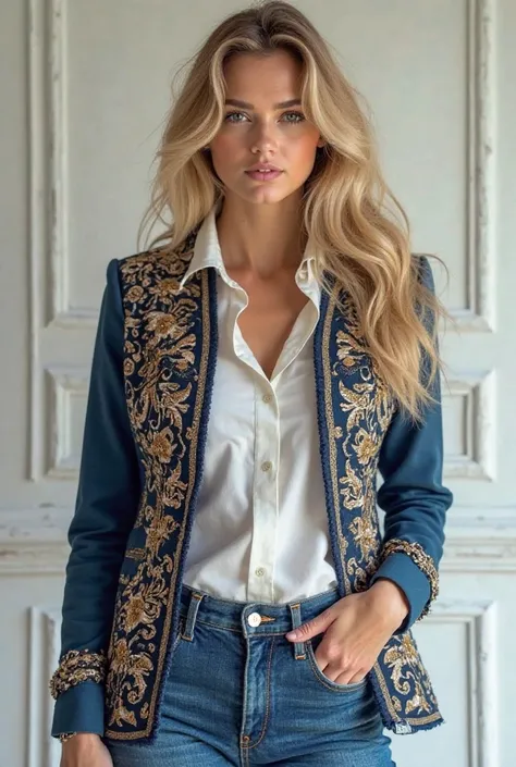 A Blonde realistico model long wavy hair wearing a blue and Golden embroidered jacket with white shirt and blue jeans