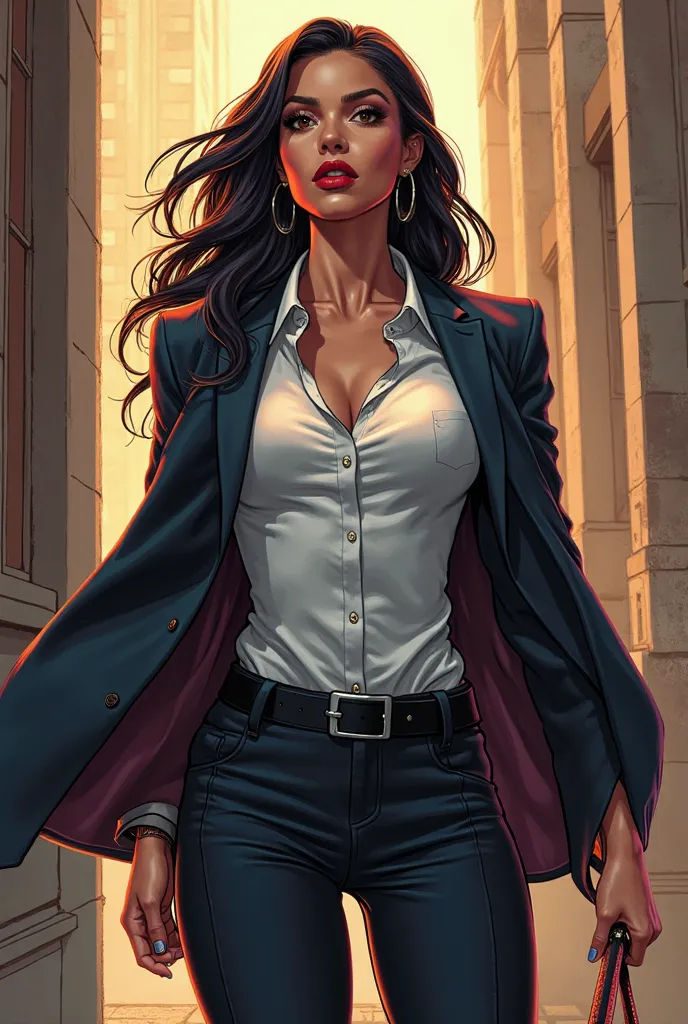 Lady Justice. a superhero who is a lawyer who always wear suit , open jacket, unbuttoned suit, office formal shirt tucked in skintight pants and black buckle belt, and red lipstick to gain her confidence and free innocent people. Comic cover like and her p...