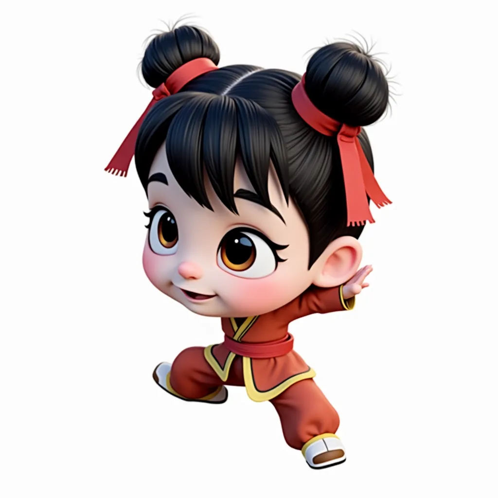 Cartoon CGI illustration, {adorable Q-style martial arts character}, chubby-cheeked child protagonist in reddish-brown traditional training uniform, exaggerated large round eyes with playful expression, small button nose, hair styled in two messy double bu...