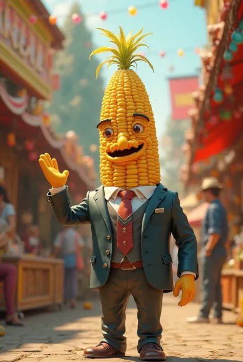 Create a video of a corn dressed as a shill