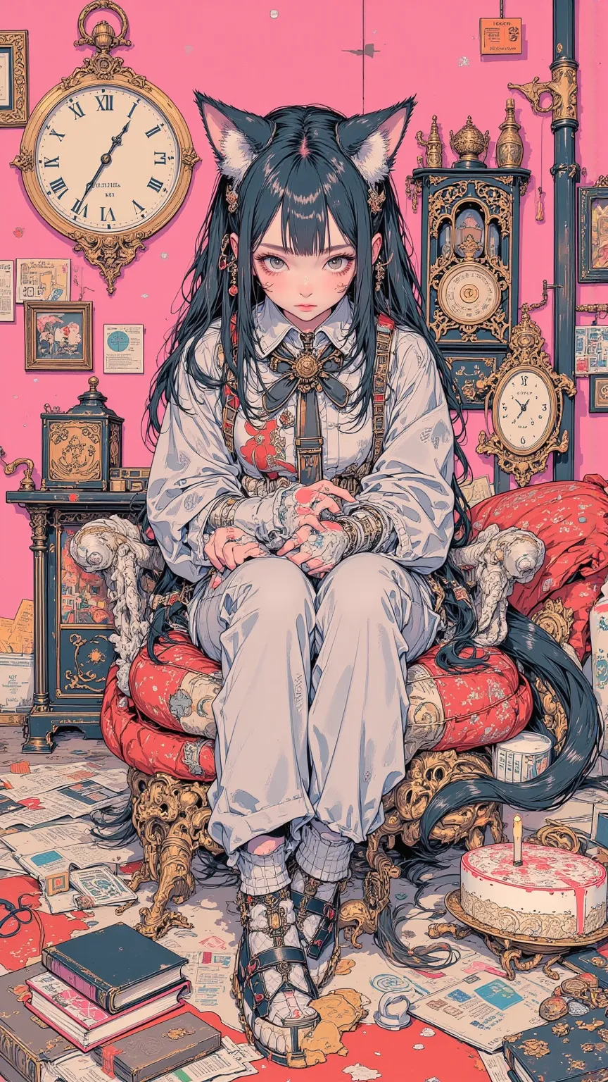  Unrealistic Illustration ,Spiritual Art of a Girl Wearing a Cat Costume,Girl sitting in the living room ,cat's hairy tail,  Unreal Magical Living Room  ,Hairy Cat Ears ,  Cat Costume  , Expressing the anthropomorphic character of an animal cat ,  Animal C...