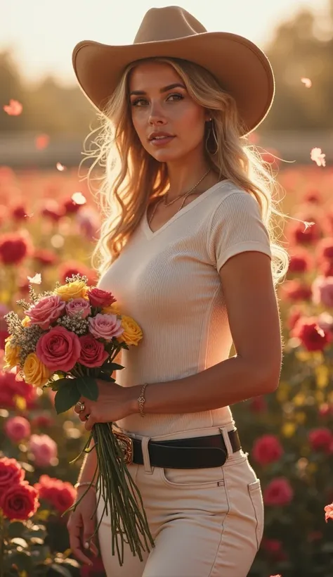 Logical for my business is a lively woman with a cowgirl hat and cream ribbed knit tshirt tucked in skintight pants and black buckle belt around her waist and boots who carries a bouquet of flowers in her hand and who says roses around her, waiting for her...