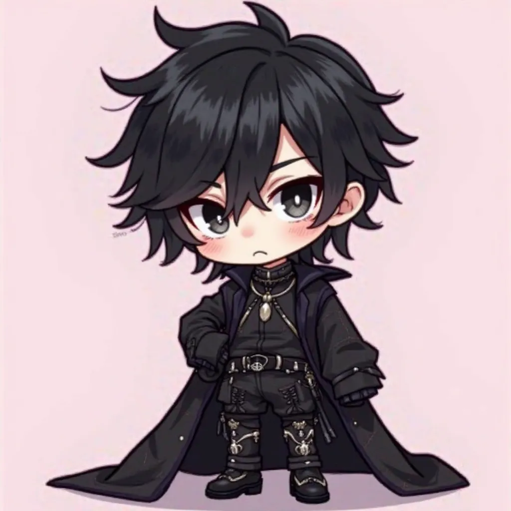 "A chibi-style male character with thick, bold outlines. He has messy black hair and wears a pure dark goth-inspired outfit, featuring intricate details, dark accessories, and a mysterious aura. His eyes are sharp and confident, giving him a cool yet enigm...