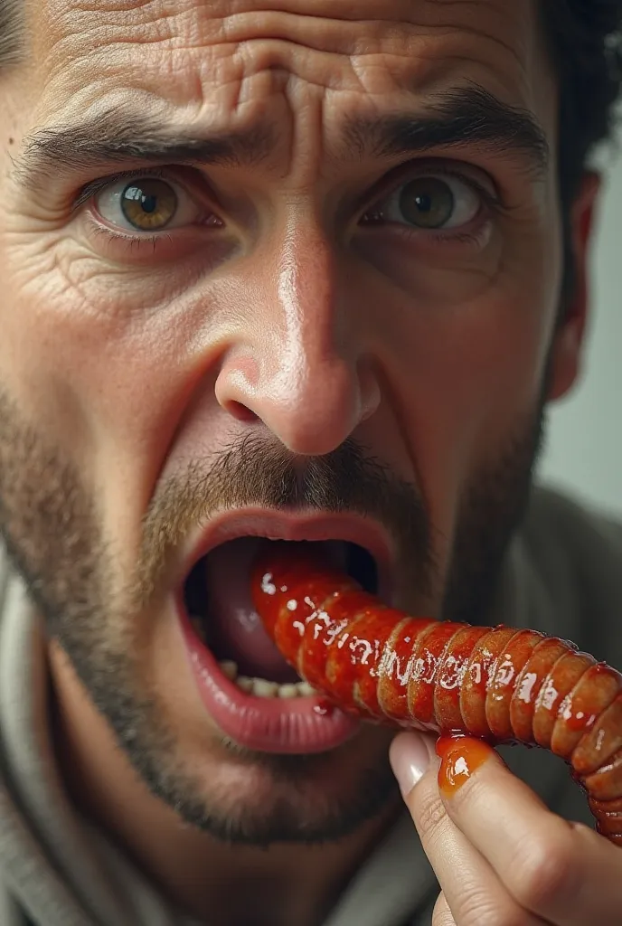 A man eats a worm with ketchup 