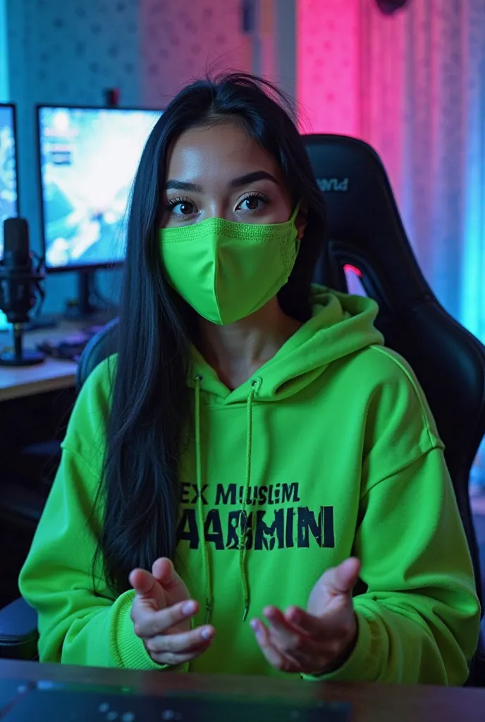 A stunningly beautiful young british
 woman with fair, flawless skin and long, silky black hair. She has deep, expressive big eyes, well-defined arched eyebrows, a sharp jawline. She is wearing a stylish bright green hoodie with bold text written 'Ex Musli...