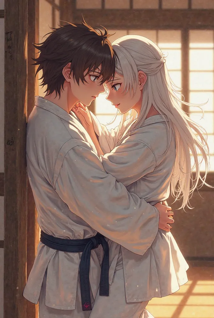 Sexy brown haired anime boy with wavy hair in white gii fighting sexy white haired girl with open hair in white gii in dojo, sexy white haired girl pinned to the wall,brown haired boy grabs her gii