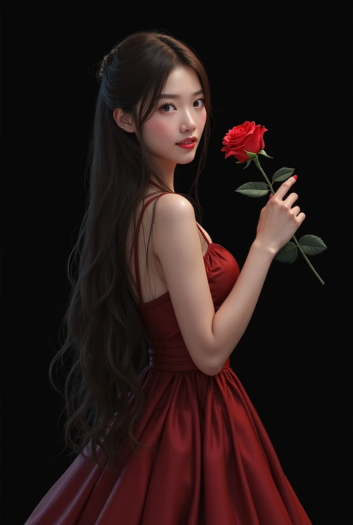 A detailed image of a young woman with long, dark hair, wearing an elegant dress and holding a red rose. Soft light illuminates her face and dress, while the background is black, highlighting her silhouette and the beauty of the flower.