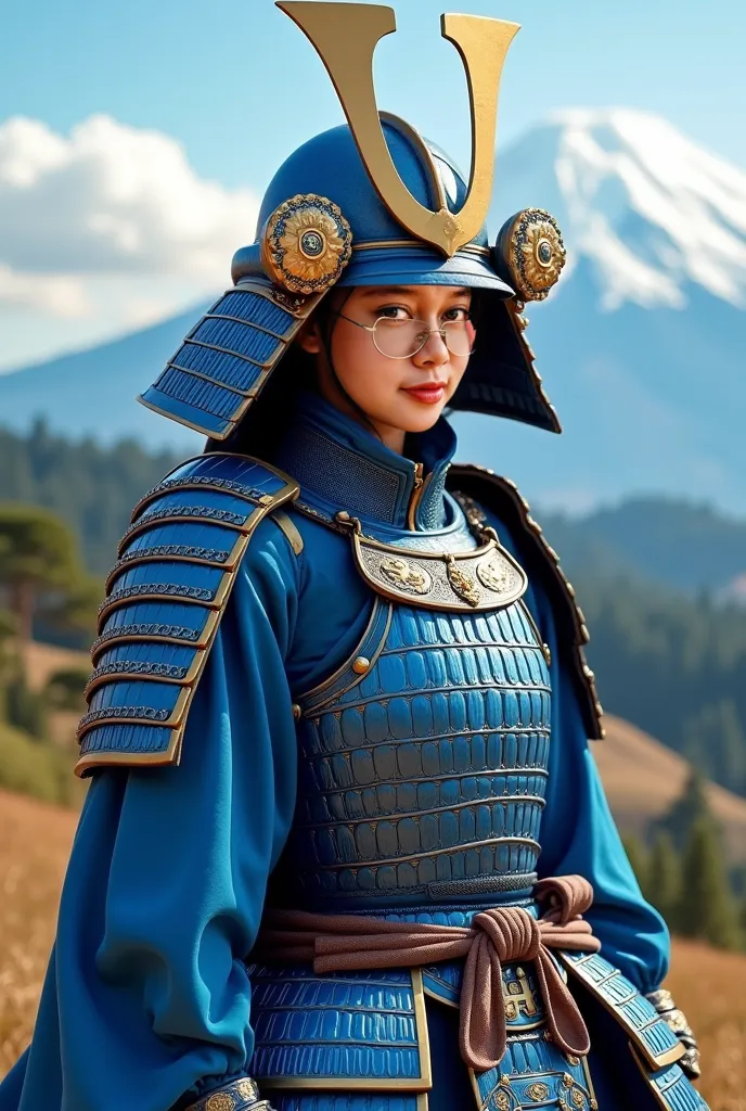 Myoui Mina wearing blue-colored samurai armor with helmet