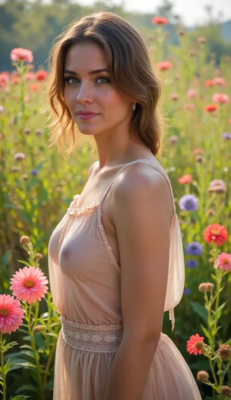 brunette blue eyes ,in a bohemian dress in full dating in a field of flowers , tease slutty look