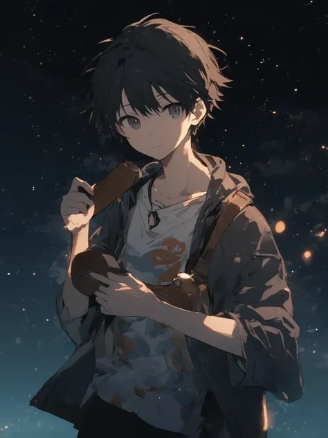 A 18 years boy holding ukulele in hand night sky