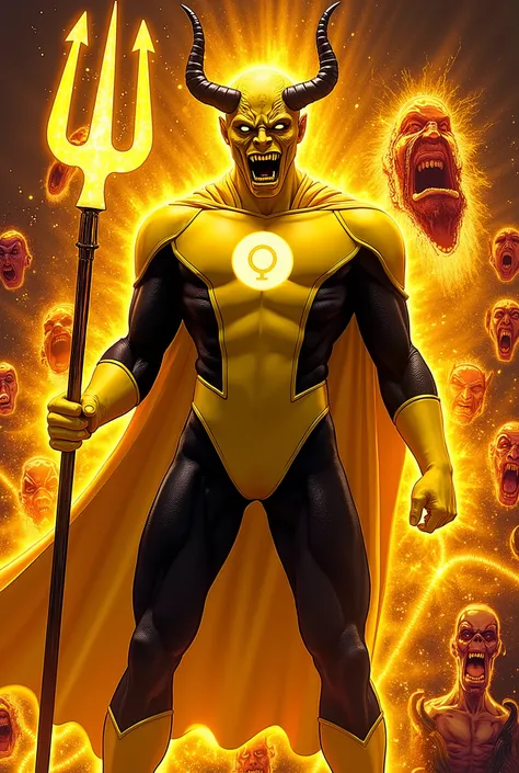 A Ira de Mephisto (Mephisto + Yellow Lantern)
Image Description :
The Marvel demon wears a yellow and black Sinestro Corps uniform, but its form is pure flamboyant energy. His distorted face shines, and his horns stretch, reminiscent of an infernal crown...