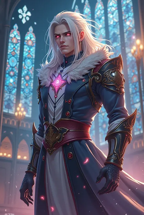 A priest with white hair and red and black anime-style eyes 