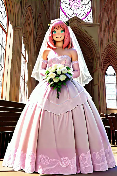 photorealistic portrait of Anya forger in wedding dress,(),(happy smile),(cute), high quality,(lovely) ,intricate details, highly detailed (gothic pink wedding dress)),wearing opera globes ,wearing highly detailed veil, highly detailed decorations ,holding...