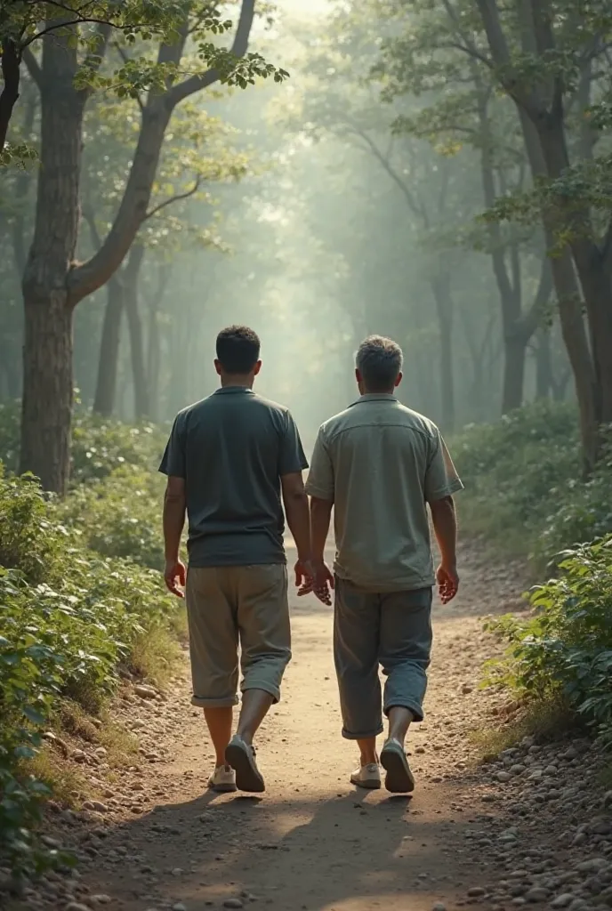 Two men from behind walking on a path