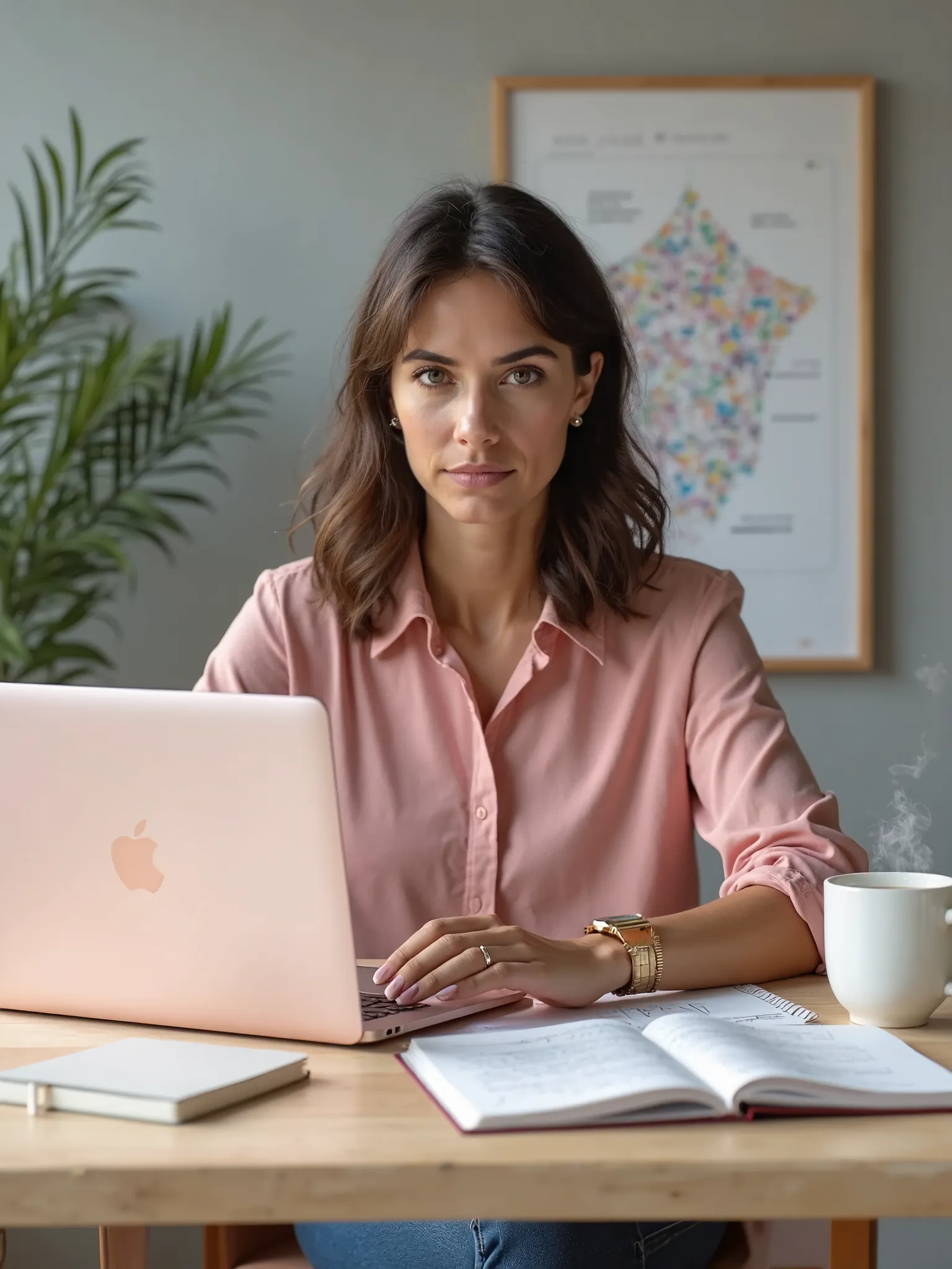 Create a highly realistic scene of a modern and well-lit office where my character, a young woman approximately 40 years old, is seated at a minimalist light wood desk, working on a pink 16-inch MacBook Pro. The character has shoulder length dark brown hai...