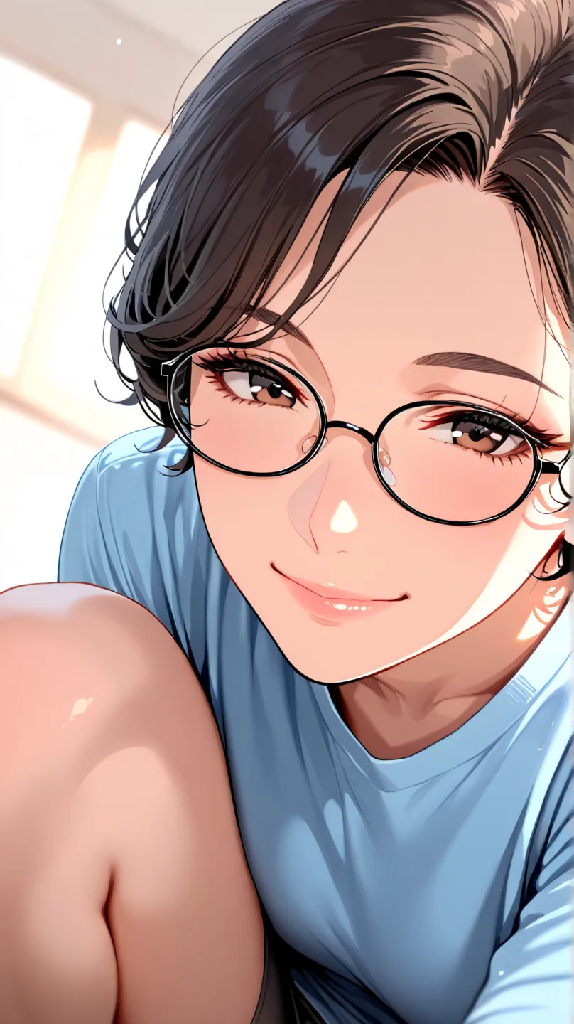  girl, Round glasses, Big glasses, Smile,  looking at the camera, Short hair ,   dark skin , Round eyes,  blue shirt ,  black shorts , close up, Magazine Lens, dynamic pose