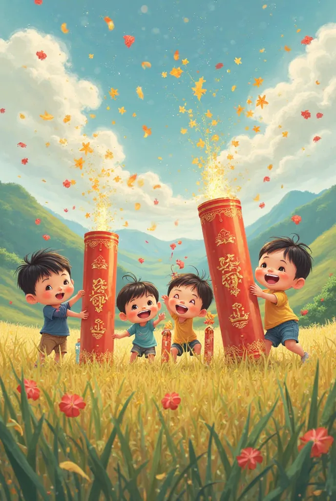 Portrait of 7 cute faced little ren playing giant firecrackers in rice field 