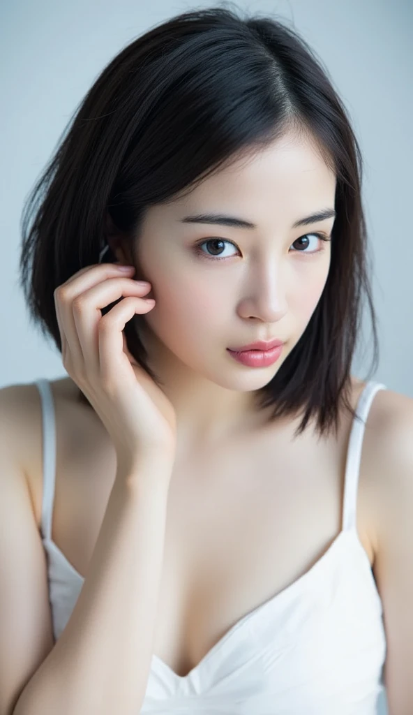 A very realistic and detailed portrait of a young woman's upper body wearing a white sexy bra:2.0、 (Ultra-precise human anatomy , Highest quality、RAW photo、8k、32K、masterpiece、realistic、photorealistic:1.37)、Cute Japanese women images、tank top、 has been phot...