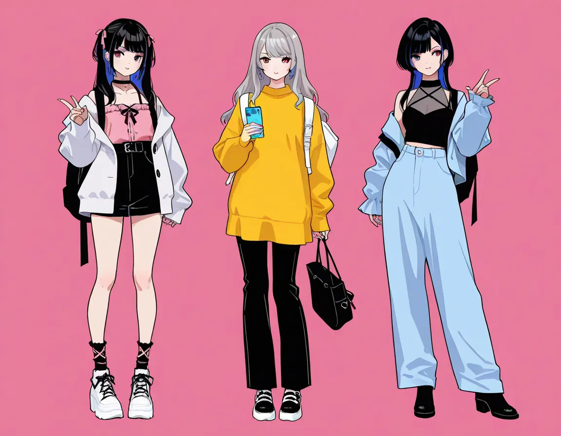 3 girls, anime characters, outfit designs, diverse outfits, (upper body character design), outfit design, fashion concept art, knit, shirt, shorts, skirt, blouse, halter neck,  jacket, camisole, long pants, holding bag, different haircolor, backpack, hand ...