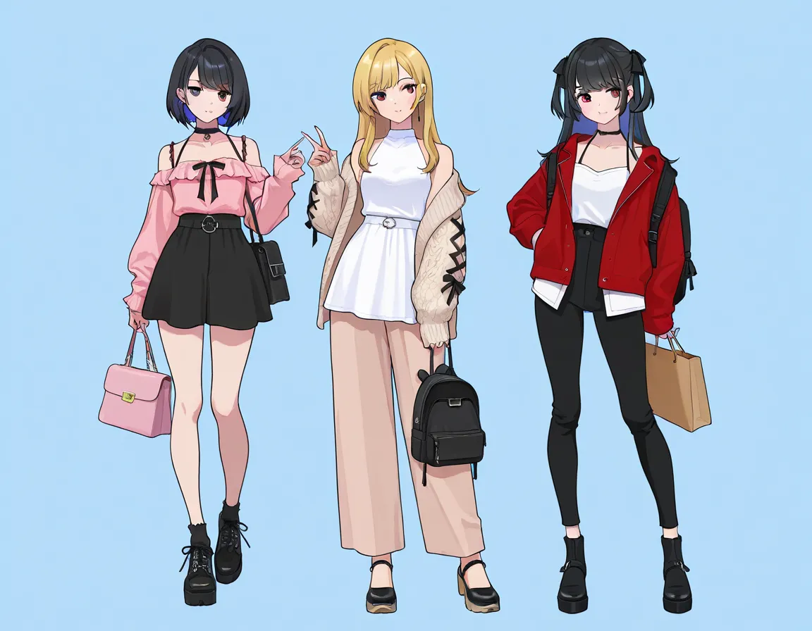 3 girls, anime characters, outfit designs, diverse outfits, (upper body character design), outfit design, fashion concept art, knit, shirt, shorts, skirt, blouse, halter neck,  jacket, camisole, long pants, holding bag, different haircolor, backpack, hand ...