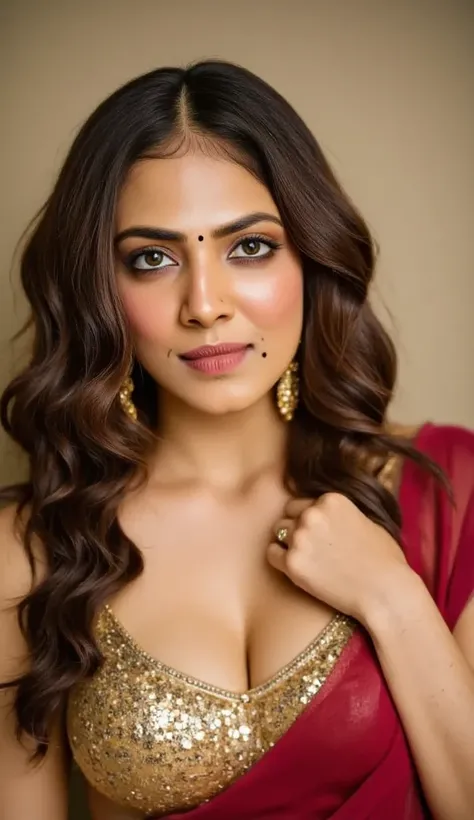 Generate a ultra realistic masterpiece close up front image of a woman in a maroon slightly transparent sleeveless saree. The blouse is golden colour with mirror sequins. It has no sleeves and has a golden satin finish with spaghetti strap. The woman is gi...