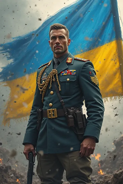 Creatures of a warrior of the Armed Forces with a flag and in Ukrainian uniform