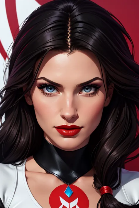 A waist-up portrait of a beautiful female whose facial features are a combo of Juliana Harkavy + Ruby Rose. The female's hair is untied and hangs loose. The female wears a white short-sleeve top and a black leather pencil skirt and black high-heeled boots....