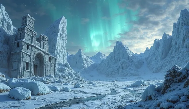 A dramatic scene depicting the South Pole, where an ancient lost civilization lies frozen beneath miles of ice. Towering ice formations and massive glaciers cover the remnants of grand stone structures, with intricate carvings barely visible through the fr...