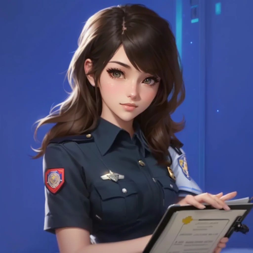 Close up of a woman in uniform holding a clipboard,  police officer,  animated portrait of a space student girl ,  trending at cgstation sitting on bed , Makoto Shinkai (  Apex Legends ), police police officer,  smooth anime CG art,  lies in,  alert,  cute...