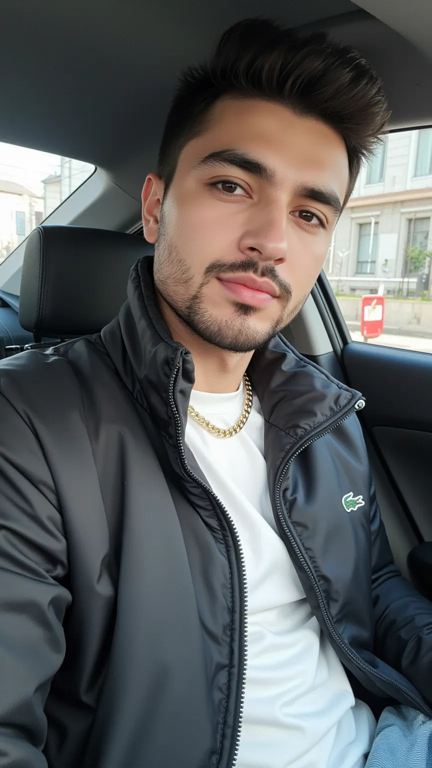 a handsome young turkish guy with muscle, dark very short hair fade and goatee beard  he wearing a white tshirt and a glossy black lacoste pufferjacket loose light jeans  and a thin gold chain he is in a car he driving amateur photo random picture and loca...