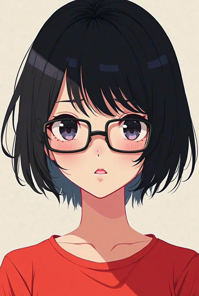 An anime girl with short black hair,  hair with black eyes, lentes, red shirt 