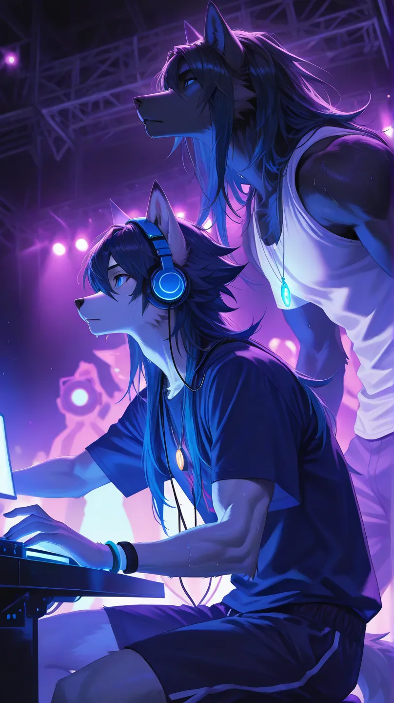 Club, rave, one male furry, male blue eyes、male short dark blue hair, male furry with muscular body, dark blue black furry male, long bangs, close up,male muscular body, long hair, snout, wolf ears, wolfy furry fox (light color:1.4)GBF_style、748cmstyle、32K...