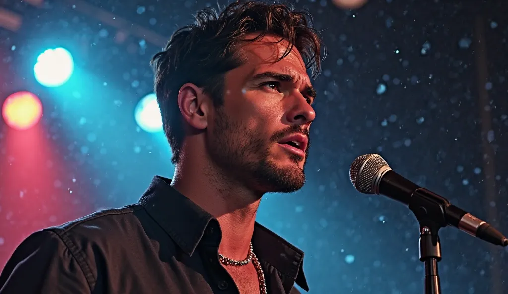 A male singer stands in front of a stage. Close-up.