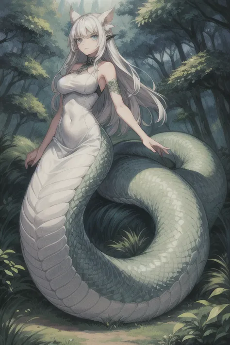 1girl, lamia, white tail, scales, white dress, full body, outdoors, long white hair  blue eyes, medium breasts, angry, outside, forest background