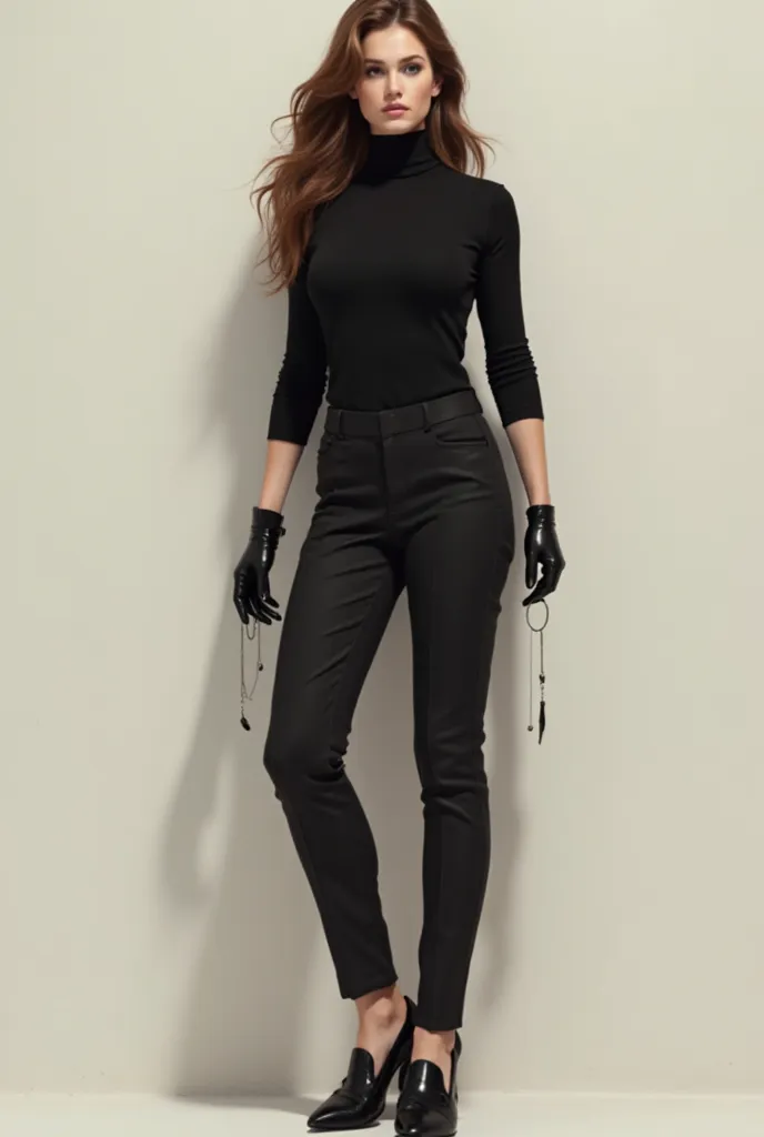 Women in black turtleneck, black pants, black shoes and black glove and brown hair 