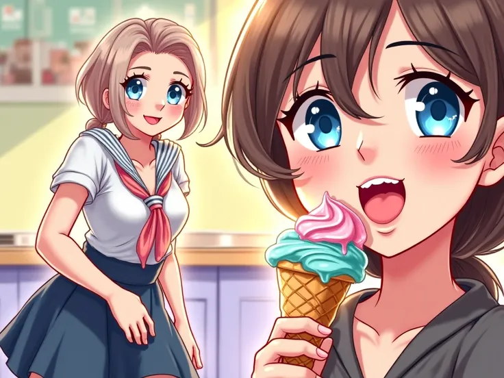 On the right, a beautiful woman with blue eyes licking a melting ice cream cone, with a playful and teasing expression.
The background is vibrant, with warm lighting and a slight cartoon/anime art style.
The title 'Teacher's Wild Thinking' is displayed in ...