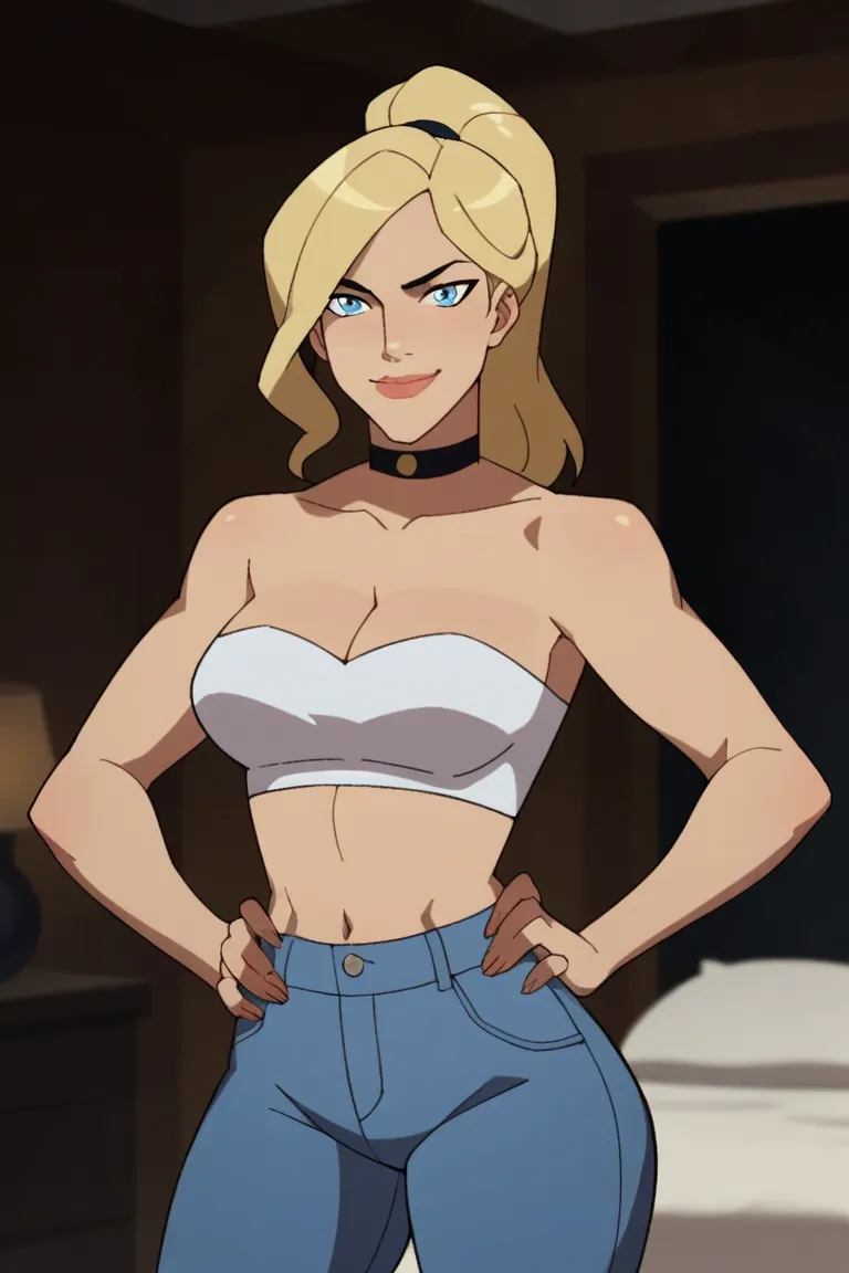 score_9, score_8_up, score_7_up, source_cartoon,black canary, blue eyes, blonde hair, wavy mid-ponytail , large breasts, light blue jeans, light blue tube top, choker, cleavage,   BREAK standing, looking at viewer, smiling, closed mouth, confident expressi...