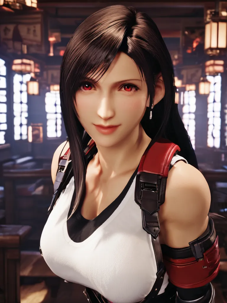 Tifa, with red eyes, a beautiful full-body image of a female character, shown in full with legs and feet clearly visible, striking a dynamic and artistic pose. The face is detailed, with expressive eyes and features, soft lighting, focused on the character...