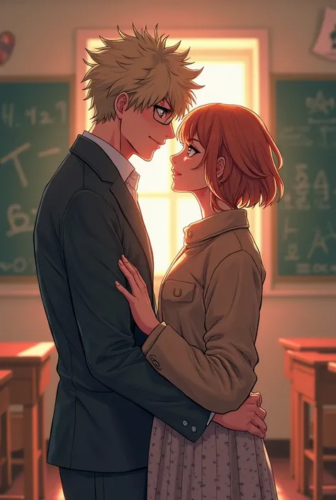 A digital illustration in manga style inspired by "Boku No Hero Academia". The scene shows Kirishima and Bakugou as a couple, capturing an intimate and romantic moment in the classroom of 1-1 A. Kirishima wears her characteristic hair and clothing, with a ...